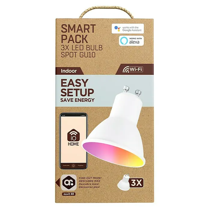 Muvit iO Bombilla LED inteligente Pack 3 - GU10, Capacidad de atenuación: Intensidad regulable, Blanco cálido, 400 lm, 5,5 W - Pack de 3 bombillas LED inteligentes GU10 compatibles con Google Assistant y Alexa, que ofrecen una configuración fácil y ahorro de energía.