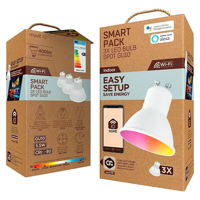 Muvit iO Bombilla LED inteligente Pack 3 - GU10, Capacidad de atenuación: Intensidad regulable, Blanco cálido, 400 lm, 5,5 W - Imagen de un paquete inteligente Muvit IO de 3 bombillas LED GU10, compatible con Google Assistant y Alexa para una fácil configuración.