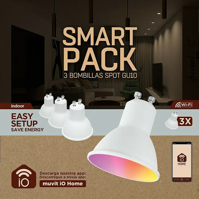 Muvit iO Bombilla LED inteligente Pack 3 - GU10, Capacidad de atenuación: Intensidad regulable, Blanco cálido, 400 lm, 5,5 W - Imagen del producto para un Smart Pack de 3 bombillas LED GU10. Ahorro de energía, fácil instalación y control por app para interiores.