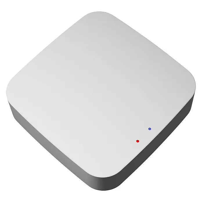 Muvit iO Amplificador señal WLAN Mesh Hub - Blanco - Dispositivo inteligente blanco cuadrado con esquinas redondeadas y dos luces LED.
