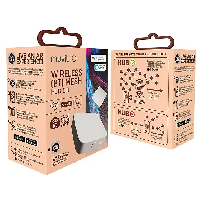 Muvit iO Amplificador señal WLAN Mesh Hub - Blanco - Paquete del producto muvit io Wireless (BT) Mesh Hub 5.0 con experiencia AR, compatible con Google Assistant y Alexa.