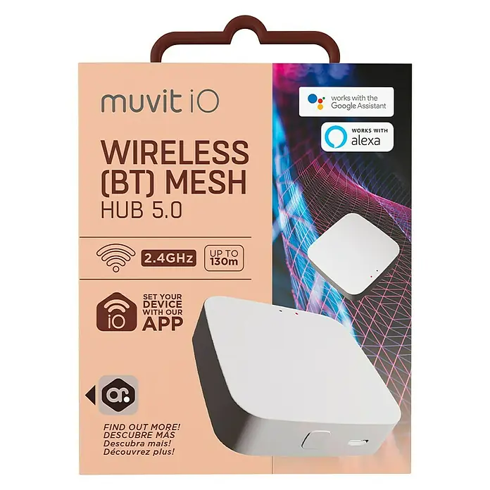 Muvit iO Amplificador señal WLAN Mesh Hub - Blanco - Embalaje del Muvit iO Wireless (BT) Mesh Hub 5.0, compatible con Google Assistant y Alexa, con 2,4 GHz y hasta 130 m de alcance.