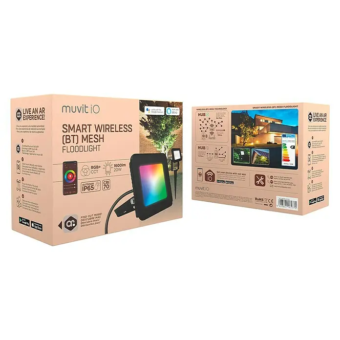 Muvit iO Foco de jardín LED - 20 W, Negro, IP65, LED - Embalaje de cartón para un foco LED RGB inteligente inalámbrico para exteriores con control de aplicación.