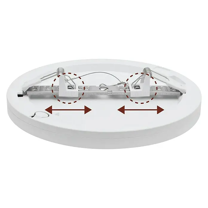 Muvit Plafón LED redondo WIFI - 30 W, Blanco - Primer plano de una lámpara de techo LED que muestra muelles de montaje ajustables para facilitar la instalación.