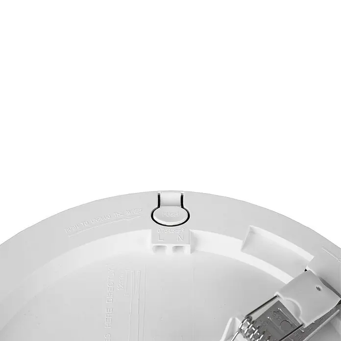 Muvit Plafón LED redondo WIFI - 30 W, Blanco - Primer plano de una lámpara de techo LED blanca, destacando su fácil instalación con mecanismos de presión y marcas claras.