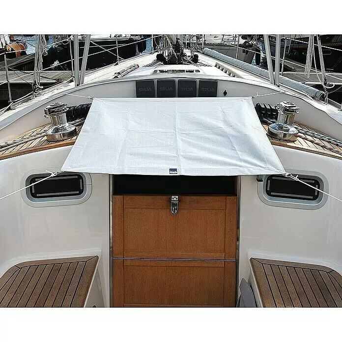 Blue Performance Sonnensegel - L x B: 900 x 900 mm, Grau - Weißes Stoffverdeck über dem Niedergang eines Bootes, an Seitenfenstern zur Sonnenabschirmung befestigt.