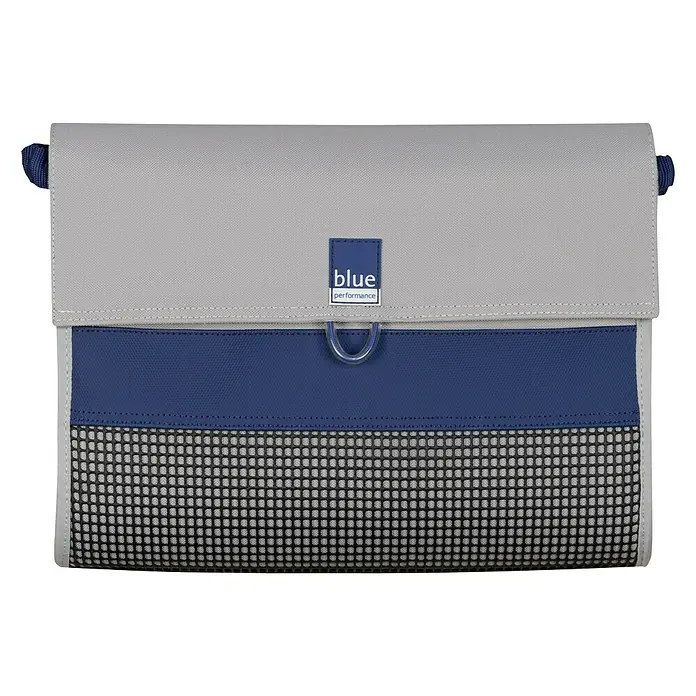Blue Performance Cockpit-Tasche - L x B x T: 350 x 260 x 50 mm, Grau/Blau - Eine graue Blue Performance Tasche mit blauem Einsatz und einem Logo-Patch, ideal für die Aufbewahrung.