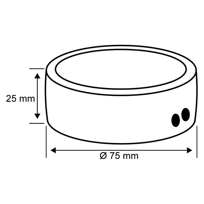 Paulmann Transformator Disc - 105 VA, 230 V, Weiß - Produktskizze eines runden Behälters mit den Maßen 75 mm Durchmesser und 25 mm Höhe. Detailgetreue Darstellung.