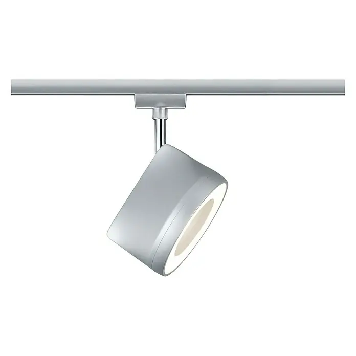 Paulmann URail Foco LED para riel Arena - L x An x Al: 7,8 x 12,3 x 19,1 cm, Cromo, 15 W - Imagen de un foco de carril gris moderno con iluminación LED, que proporciona una luz brillante y enfocada para una solución de iluminación elegante.