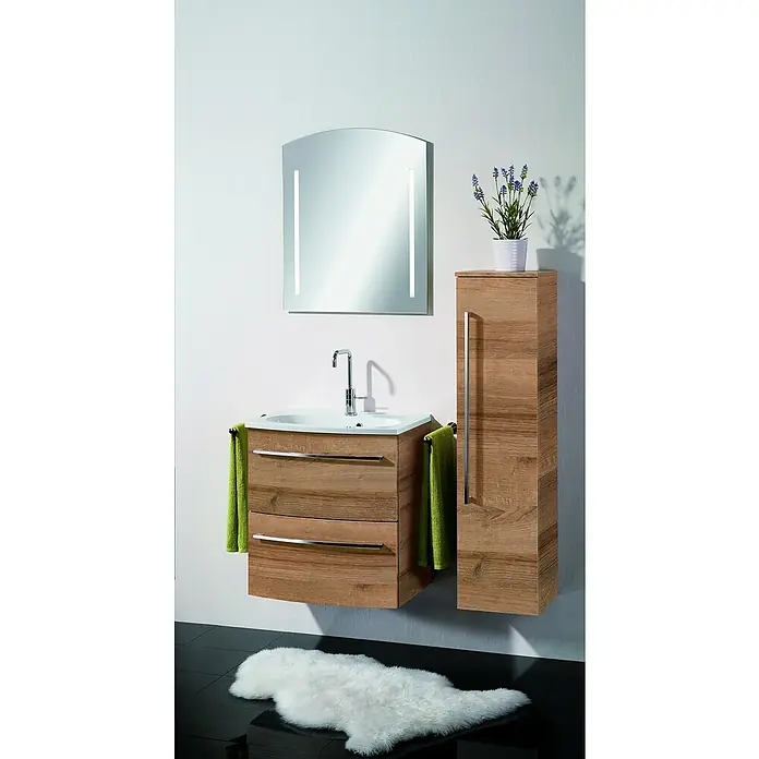 Camargue Swing Einbauwaschbecken - 60 x 45,3 cm, Weiß - Modernes Badezimmer-Waschbecken mit Holzunterschrank, Spiegel und Handtüchern, stilvoll und funktional für Ihr Badezimmer.