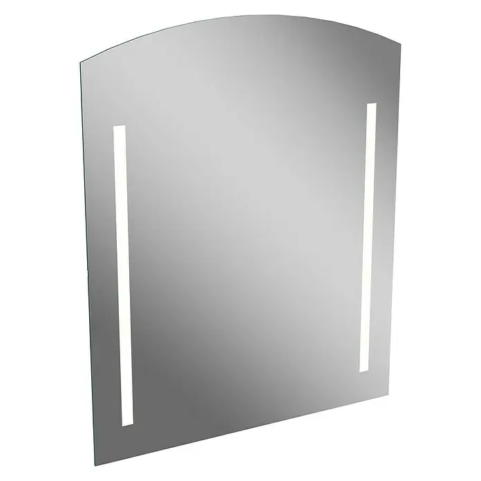 Camargue Swing LED-Lichtspiegel - B x H: 60 x 72 cm - Das Bild zeigt einen beleuchteten Badezimmerspiegel mit abgerundeter Oberseite und seitlichen Lichtstreifen vor einem schwarzen Hintergrund.