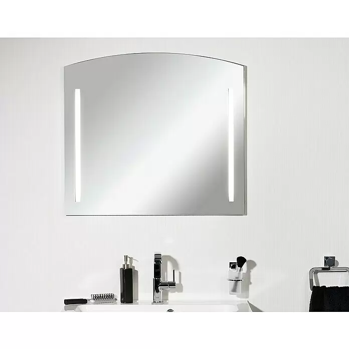 Camargue Swing LED-Lichtspiegel - B x H: 80 x 72 cm - Gewölbter Badezimmerspiegel mit integrierter vertikaler LED-Beleuchtung, über Waschbecken und Wasserhahn.