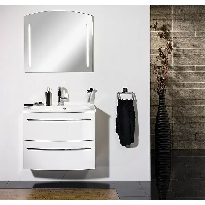 Camargue Swing LED-Lichtspiegel - B x H: 80 x 72 cm - Weißer Badunterschrank mit integriertem Waschbecken und zwei Schubladen, dazu ein beleuchteter Bogen-Spiegel.