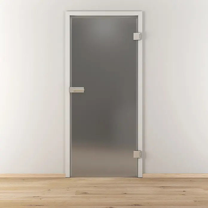 Diamond Doors Glasdrehtür Grey - 834 x 1.972 mm, DIN Anschlag: Rechts, Satiniertes Glas - Elegante Ganzglastür mit satiniertem Glas und silbernen Beschlägen. Die Tür verleiht jedem Raum ein modernes und stilvolles Ambiente.