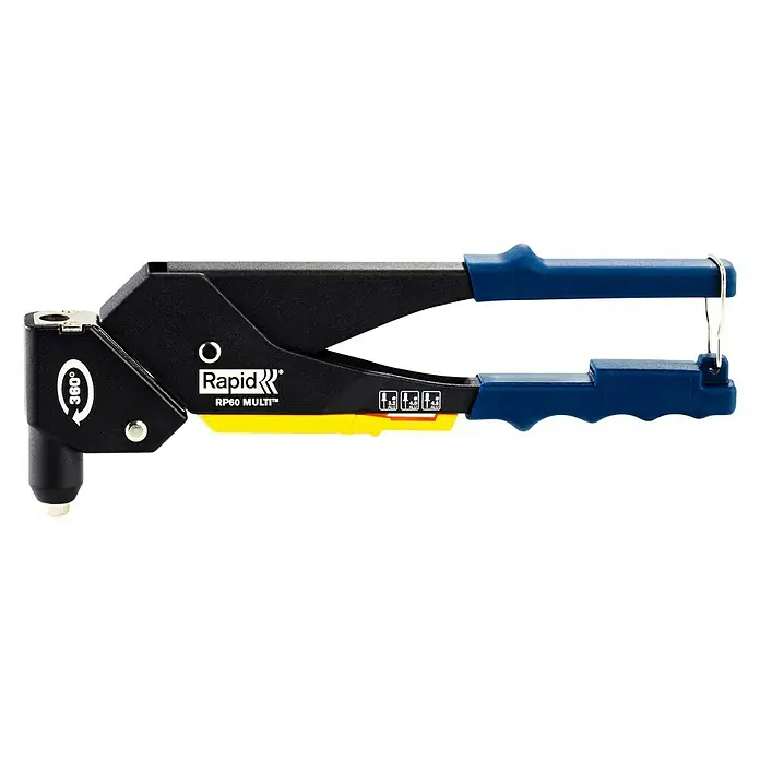 Rapid Blindnietzange RP60 Multi - Passend für: Aluminium-/Edelstahlnieten (Ø 3,2/4/4,8 mm) - Das Bild zeigt eine Nietenzange RP60 MULTI von Rapid, ein Werkzeug zum einfachen und schnellen Setzen von Nieten in verschiedenen Materialien.