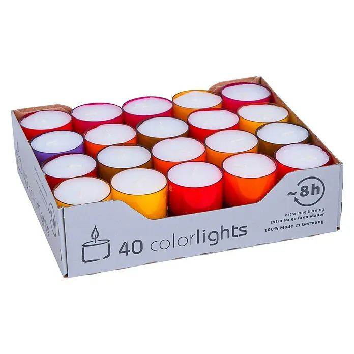 Teelichter Colorlights - 40 Stk., Winter Edition - Ein Karton mit 40 farbigen Teelichtern, die extra lange brennen und in Deutschland hergestellt wurden, für eine gemütliche Atmosphäre.
