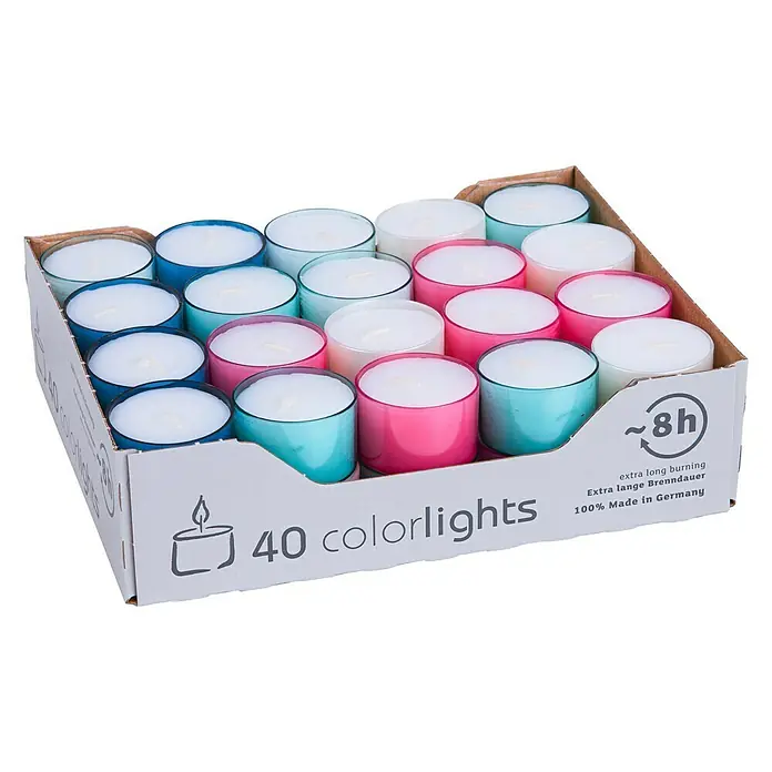 Teelichter Colorlights - 40 Stk., Pastell Edition - Eine Packung mit 40 farbigen Teelichtern, die extra lange brennen und in Deutschland hergestellt wurden.