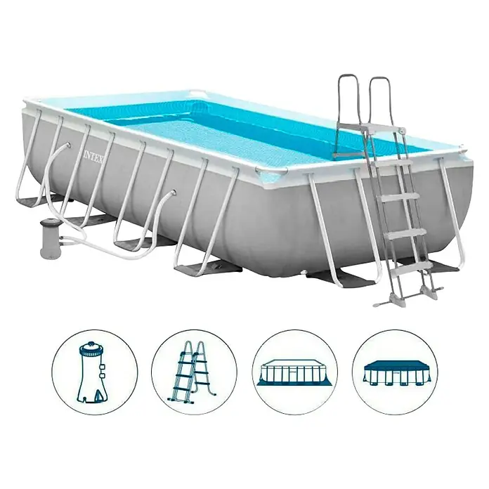 Intex Piscina Quick-Up Prisma Quadra - L x An x Al: 488 x 244 x 107 cm, Gris, 10.874 l - Piscina rectangular con estructura de Intex, que incluye escalera y bomba de filtro para disfrutar nadando en tu propio jardín.