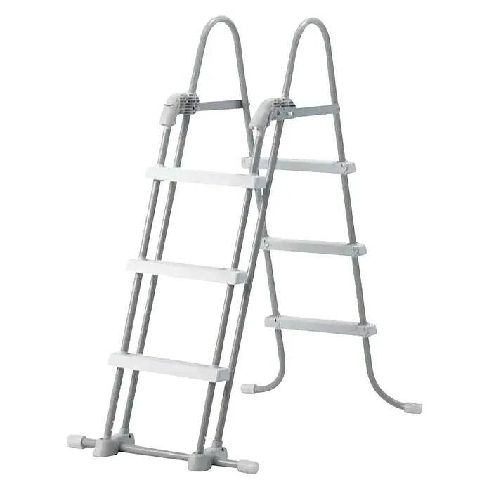 Intex Piscina Quick-Up Prisma Quadra - L x An x Al: 488 x 244 x 107 cm, Gris, 10.874 l - Una escalera de piscina gris con peldaños blancos sobre un fondo negro, diseñada para facilitar la entrada y salida de la piscina.
