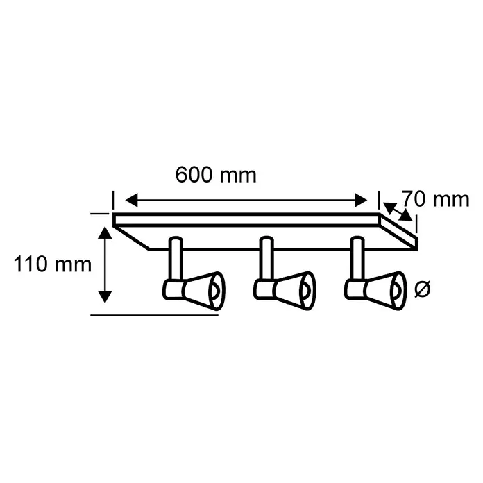 Paulmann Wandstrahler Zyli - 30 W, L x B x H: 7 x 60 x 11 cm, Weiß/Chrom, GU10, Anzahl Leuchtmittel: 3 Stk. - Abbildung einer dreiflammigen Deckenleuchte mit den Maßen 600 mm Länge, 70 mm Breite und 110 mm Höhe.