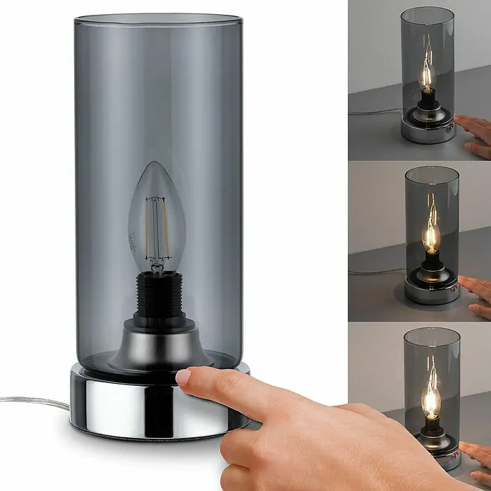 Paulmann Lámpara de sobremesa Pinja - 20 W, L x An x Al: 11 cm x 11 mm x 24,4 cm, Humo, Cromo, E14 - Lámpara de mesa de vidrio gris con función táctil. La luz se regula tocando la base. Una iluminación elegante para cualquier estancia.