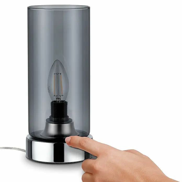 Paulmann Lámpara de sobremesa Pinja - 20 W, L x An x Al: 11 cm x 11 mm x 24,4 cm, Humo, Cromo, E14 - Lámpara de mesa gris con cuerpo de cristal y base plateada que se enciende con el tacto.