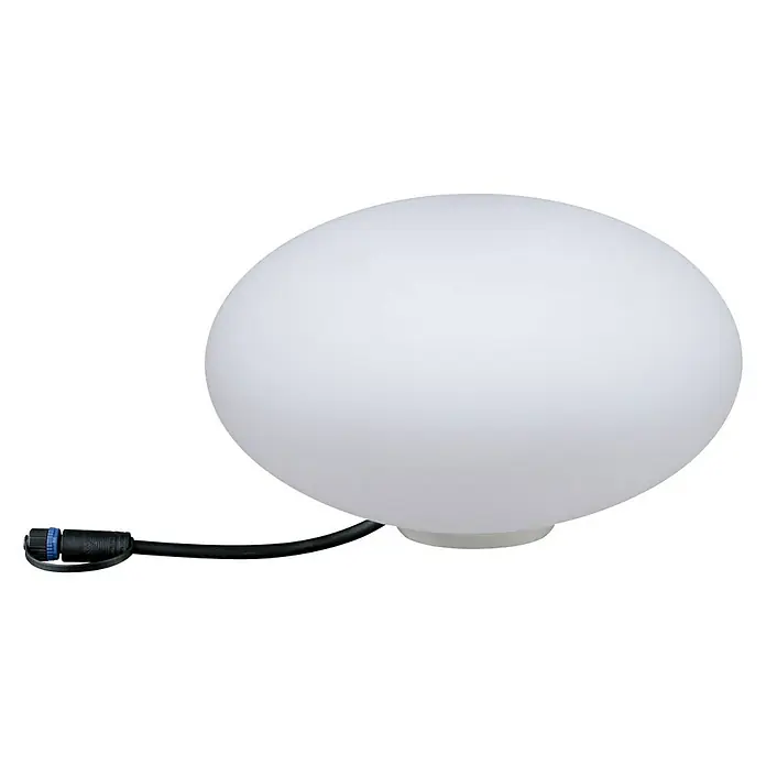 Paulmann Plug & Shine LED-Dekoleuchte Stone - 2,8 W, Weiß, L x B x H: 28 x 28 x 16,6 cm - Nahaufnahme einer runden, weißen Außenleuchte mit Kabelanschluss vor schwarzem Hintergrund.