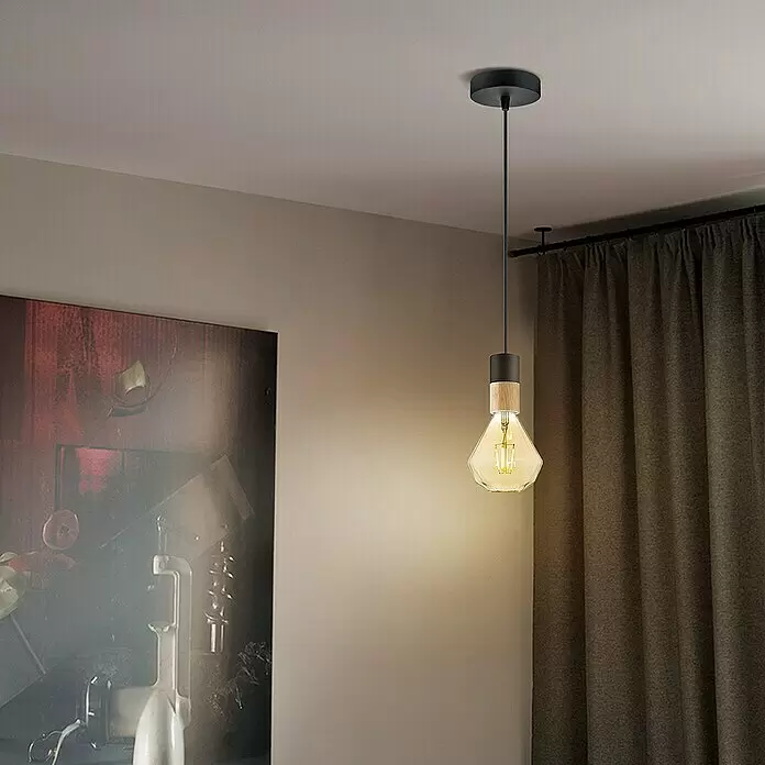 Home Sweet Home Lampenbaldachin - 1-fach, Schwarz, Metall, 11 cm - Moderne Pendelleuchte mit schwarzen und holzfarbenen Akzenten, einer klaren rautenförmigen LED-Filamentlampe, von der Decke hängend.