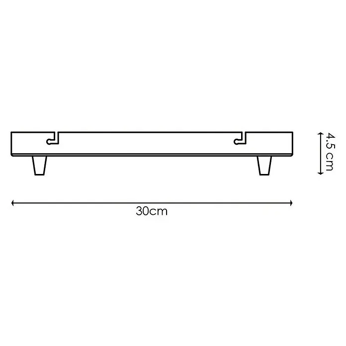Home Sweet Home Lampenbaldachin - 2-fach, Stahl, 9,5 x 30 cm - Produktabbildung: Eine 30 cm lange und 4,5 cm hohe Hängeleiste mit zwei Einhängevorrichtungen und zwei Füßen.