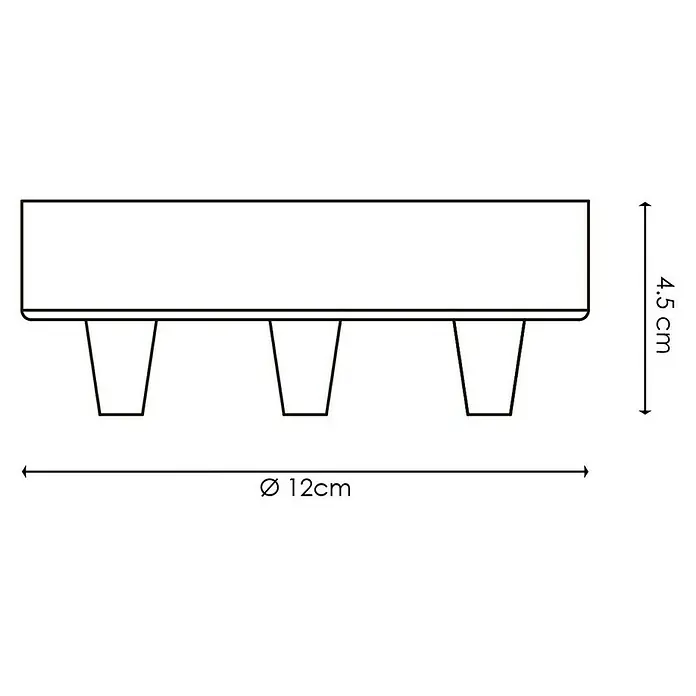 Home Sweet Home Lampenbaldachin - 3-fach, Stahl, Metall, 12 cm - Produktabbildung: Ein rechteckiger Behälter mit drei trapezförmigen Füßen und Größenangaben (4,5 cm Höhe, 12 cm Durchmesser).