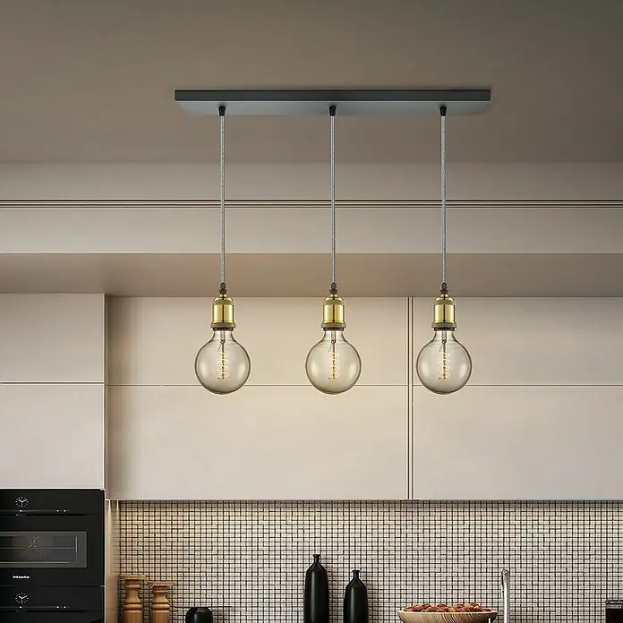 Home Sweet Home Textilkabel Meterware Online - Beton, 3, 0,75 mm² - Dreifache Pendelleuchte mit Edison-Glühbirnen. Stilvolle Beleuchtung für moderne Küchen mit warmem Licht und industriellem Design.