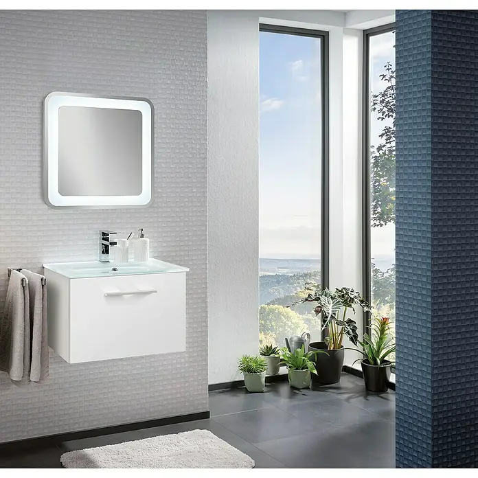 Camargue Stella Waschtischunterschrank - 59,2 x 40,8 x 39 cm, Ohne Beleuchtung, Weiß - Modernes Badezimmer-Waschbecken mit Spiegel, das durch sein minimalistisches Design und die Beleuchtung eine elegante Atmosphäre schafft.
