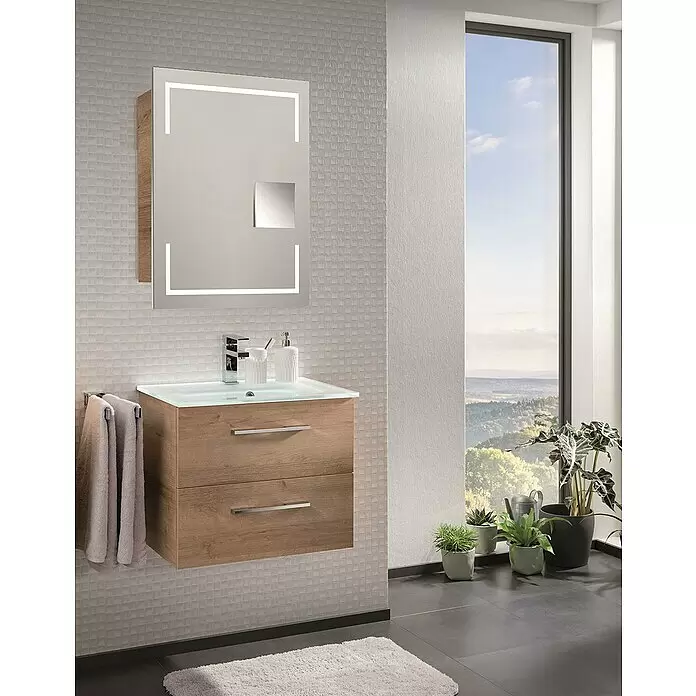 Camargue Stella LED-Spiegelschrank - B x H: 60 x 73,7 cm, Holz, Berg Eiche, DIN Anschlag: Links, Kantenausführung Tür: Eckig - Stimmungsaufnahme
