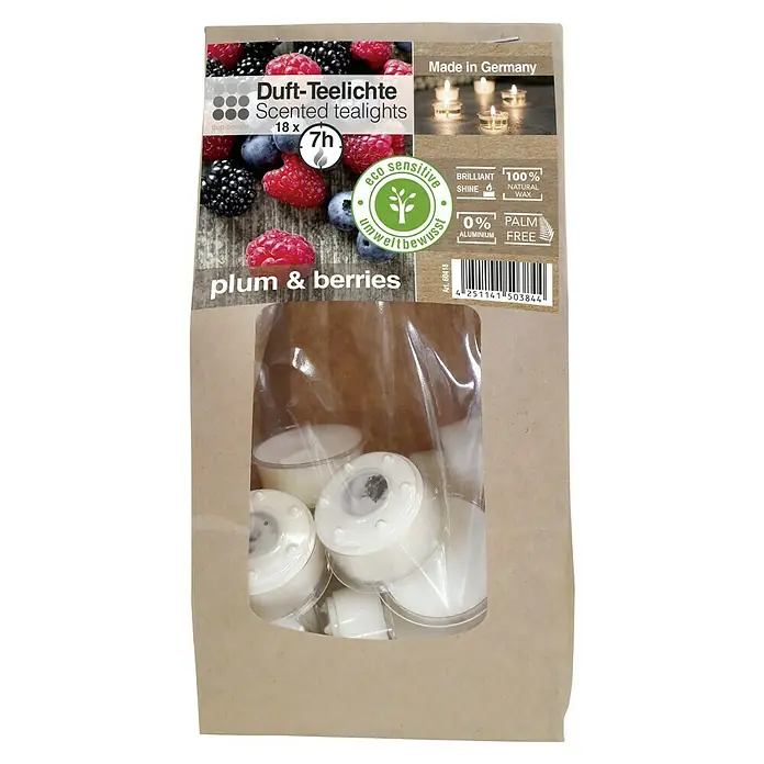 Duft-Teelicht Beutel - Plum & Berries - Packung Duft-Teelichte „Pflaume & Beeren“ mit 18 Teelichtern, hergestellt in Deutschland, umweltfreundlich und mit natürlichem Wachs.