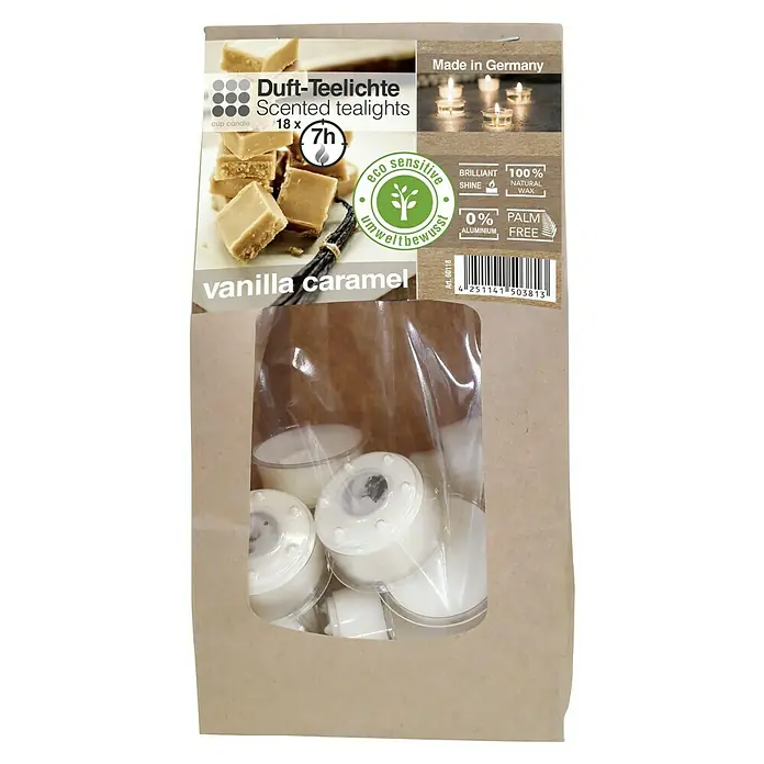 Duft-Teelicht Beutel - Vanilla Caramel - Packung Duft-Teelichter mit Vanille-Karamell-Duft, 18 Stück, Brenndauer je 7 Stunden, hergestellt in Deutschland.