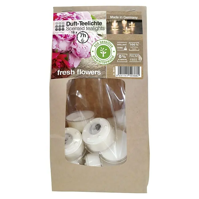 Duft-Teelicht Beutel - Fresh Flowers - Bild einer Packung Duft-Teelichter mit dem Aufdruck „frische Blumen“, 18 Stück, Brenndauer 7 Stunden, hergestellt in Deutschland.