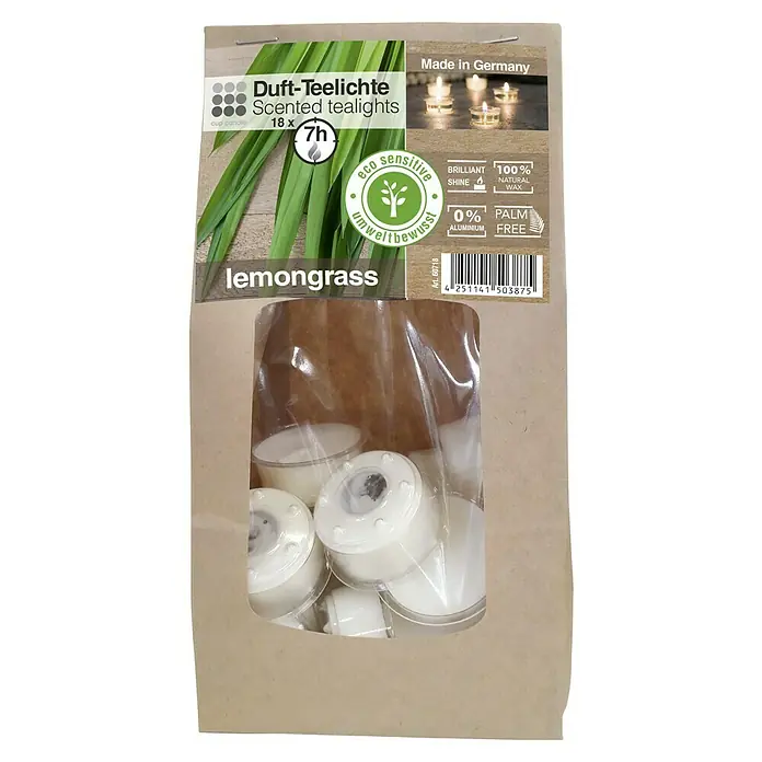 Duft-Teelicht Beutel - Lemongrass - Eine Packung Duft-Teelichter mit Zitronengrasduft, 18 Stück mit einer Brenndauer von 7 Stunden, umweltbewusst und aus Deutschland.