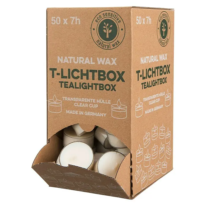 Teelichter Pure Nature Lights - 50 Stk., Natural - Teelichter-Box: Umweltfreundliche Teelichter aus natürlichem Wachs, 50 Stück mit einer Brenndauer von je 7 Stunden, verpackt in einer Pappbox.