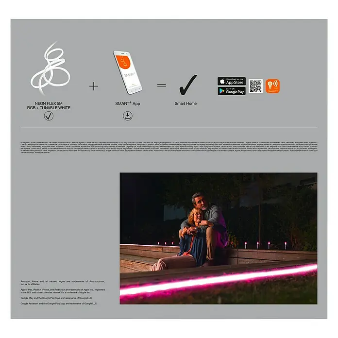 Ledvance Smart+ WiFi Smart-LED-Band Neon - Länge: 5 m, RGBW, 20 W, 630 lm - Werbebild für Neon Flex 5M RGB + Tunable White, gesteuert über eine Smart App, für ein intelligentes Zuhause.