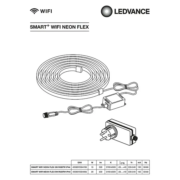 Ledvance Smart+ WiFi Smart-LED-Band Neon - Länge: 5 m, RGBW, 20 W, 630 lm - Abbildung des SMART+ WIFI Neon Flex LED-Streifens, der eine flexible Beleuchtungslösung für den Innenbereich darstellt.