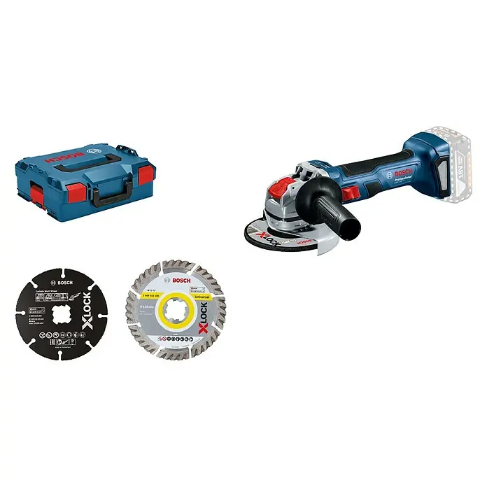 Bosch Professional AMPShare 18V Akku-Winkelschleifer GWX 18V-7 - Ohne Akku, Durchmesser Scheibe: 125 mm - Abbildung eines Bosch Akku-Winkelschleifers mit Zubehör, darunter Trennscheiben und ein Werkzeugkoffer, ideal für professionelle Anwendungen.