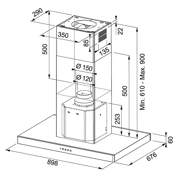 Mepamsa Campana para isla Stilo Isla - Ancho: 90 cm, Máx. Potencia del ventilador en modo extracción: 685 m³/h, Acero inoxidable - Un dibujo técnico de una campana extractora con diferentes dimensiones y medidas para la instalación y el dimensionamiento.