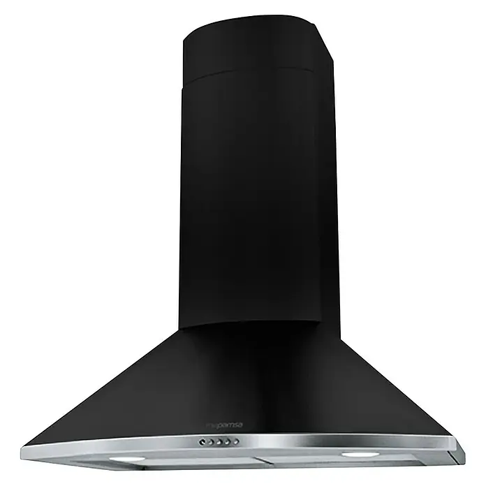 Mepamsa Campana de pared Tender H - Ancho: 70 cm, Máx. Potencia del ventilador en modo extracción: 620 m³/h, Negro - Una elegante campana extractora negra con borde plateado para cocinas modernas. Esta campana asegura un aire limpio al cocinar.