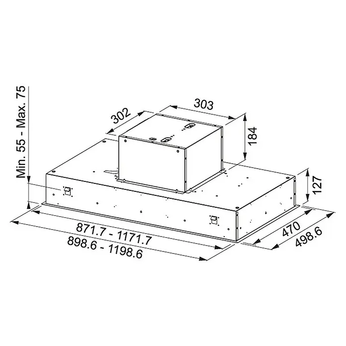 Mepamsa Campana para isla Cielo - Ancho: 120 cm, Máx. Potencia del ventilador en modo extracción: 740 m³/h, Acero inoxidable - Diagrama esquemático de una campana extractora con dimensiones para tamaño e instalación.