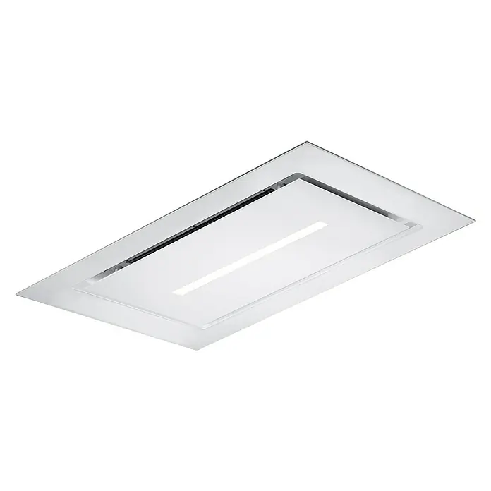 Mepamsa Campana para isla Cielo Cristal - Ancho: 90 cm, Máx. Potencia del ventilador en modo extracción: 740 m³/h, Blanco - Aquí hay una imagen de una campana extractora de cocina empotrada moderna con iluminación LED integrada. El diseño es minimalista y elegante.