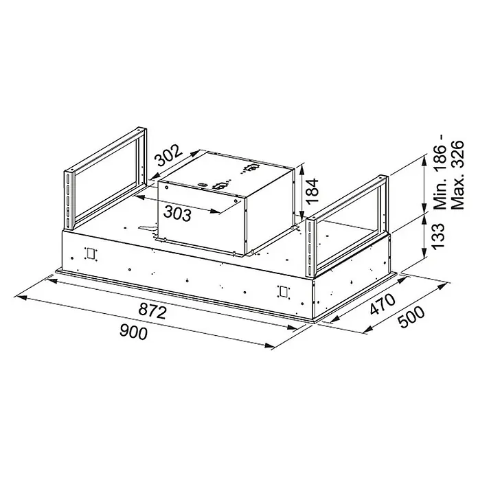 Mepamsa Campana para isla Cielo Cristal - Ancho: 90 cm, Máx. Potencia del ventilador en modo extracción: 740 m³/h, Blanco - Un esquema de una campana extractora con medidas que resaltan las dimensiones del producto, para especificaciones detalladas.