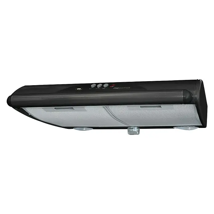 Mepamsa Campana integrable Mito Jet - Ancho: 60 cm, Máx. Potencia del ventilador en modo extracción: 490 m³/h, Negro - Primer plano de una campana extractora negra Mepamsa con botones de control e iluminación.