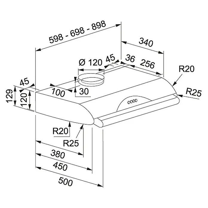 Mepamsa Campana integrable Mito Jet - Ancho: 60 cm, Máx. Potencia del ventilador en modo extracción: 490 m³/h, Negro - Diagrama de una campana extractora con dimensiones, mostrando el tamaño y los detalles del producto.\n