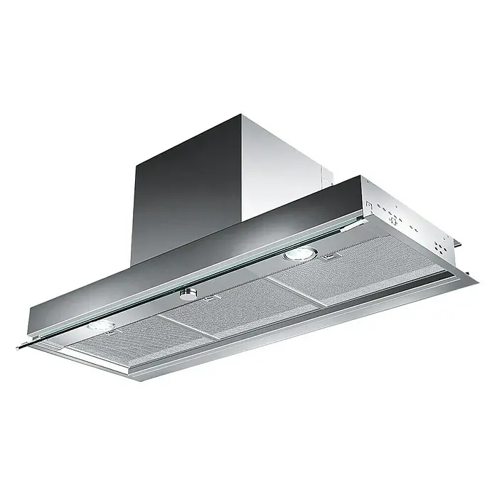 Mepamsa Campana integrable Discret - Ancho: 90 cm, Máx. Potencia del ventilador en modo extracción: 360 m³/h, Acero inoxidable - Primer plano de una campana extractora de acero inoxidable, que combina diseño moderno y funcionalidad en la cocina.