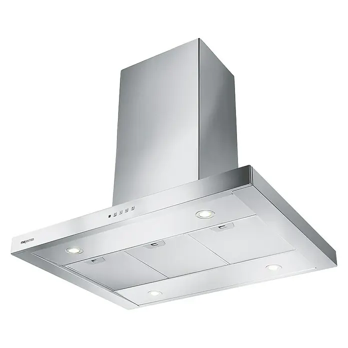 Mepamsa Campana para isla Stilo Isla - Ancho: 90 cm, Máx. Potencia del ventilador en modo extracción: 685 m³/h, Acero inoxidable - Campana extractora plateada con lámparas y filtros para eliminar humos y olores de la cocina.